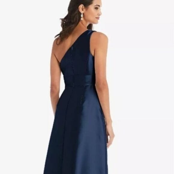 NEW Alfred Sung Draped One-Shoulder Satin Maxi Dress Midnight Navy, Size 2 D815S - Picture 3 of 12